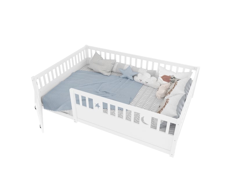 Lit enfant 140x190 avec barrière et porte, décoration étoile et lune, cadre en bois de pin massif, style minimaliste, blanc - Conforama A