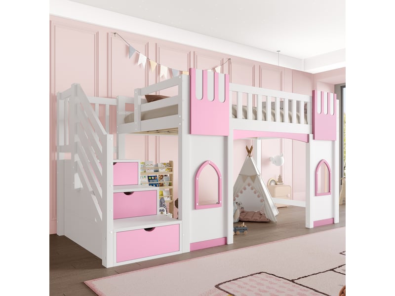 Lit mezzanine 90x200 cm blanc et rose, avec escalier de rangement 3 compartiments, 2 fenêtres, garde-corps, sommier inclus, sans matelas - Conforama W