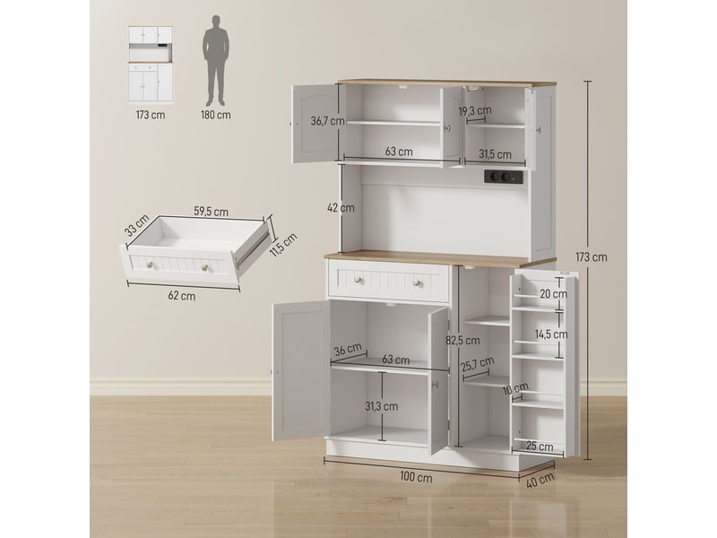  Buffet de cuisine haut, meuble de cuisine avec station de recharge, 6 portes, plan de travail, étagère à épices, 100 x 40 x 173 cm, blanc  - Conforama E