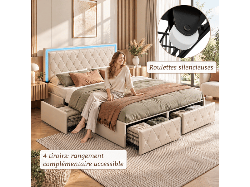  Lit double rembourré 160x200 cm avec 4 tiroirs, lit adulte avec rangement - led multicolores - tête de lit cloutée, sommier à lattes, lit 2 places, pu beige  - Conforama E