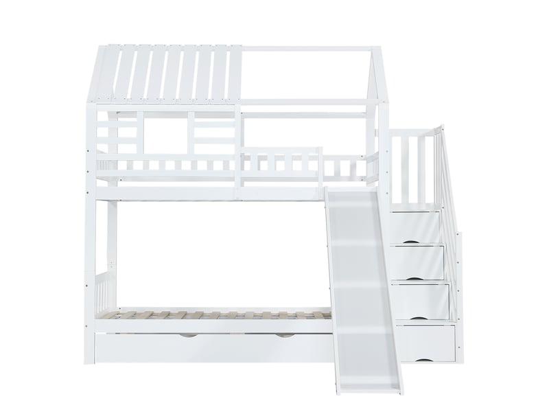 Lit superposé enfant 90x200 cm – blanc – toboggan intégré, escalier de rangement et tiroir – sans matelas  - Conforama D