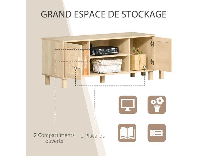  Meuble tv banc tv 2 niches 2 placards porte cannage en rotin mdf aspect bois clair dim. 115l x 40l x 48h cm  - Conforama E