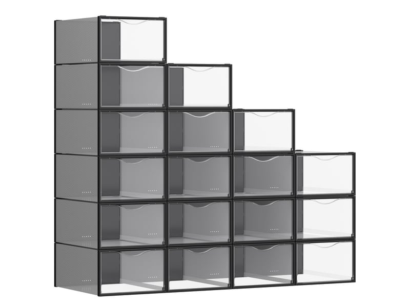 Boîtes à chaussures, organisateurs en plastique, avec porte, lot de 18, empilables, montage facile, 33,2 x 23 x 14,5 cm, pour pointure jusqu'à 43, transparentes et noir d'encre - Conforama B