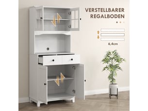 Buffet haut blanc avec meuble micro-ondes, 2 placards, 2 tiroirs et étagères réglables anti-basculement