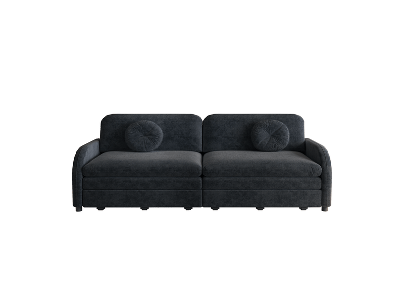  Canapé-lit 206 cm fonction couchage coussins amovibles poches de rangement latérales revêtement en chenille coloris noir  - Conforama A