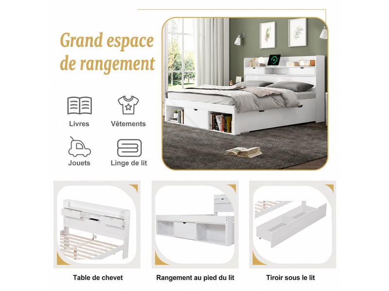  Lit double multifonction 140x190 cm blanc avec armoire de rangement, tiroirs, port usb et type-c, sommier à lattes  - Conforama E