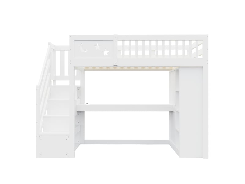  Lit mezzanine 90x200 cm avec bureau, rangements, led et prises, blanc, sans matelas  - Conforama R
