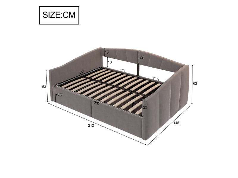  Lit canapé rembourré 140*200 cm, coloris gris, rangement hydraulique, lattes et accoudoirs, tissu velours.  - Conforama B