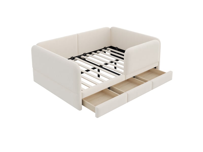  Lit enfant 140 × 200 cm 2 places avec 3 tiroirs et contour de sécurité, sans matelas, en velours beige  - Conforama E
