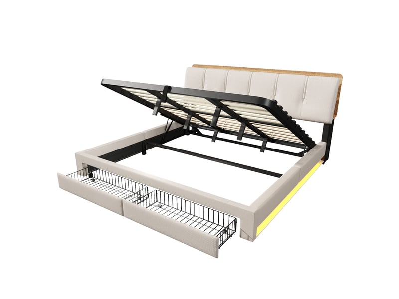  Lit capitonné, 180 x 200 cm, suspension hydraulique, avec port usb type-c, sans matelas, rangement multifonctionnel, éclairage led, commande par bouton-poussoirapplication, lin, beige  - Conforama D