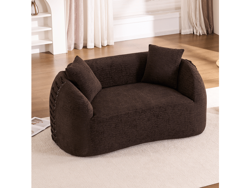  Canapé 2 places courbe modulaire en tissu marron, détails lacés et 2 coussins, format compact pour petits espaces  - Conforama B