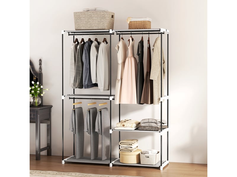  Armoire ouverte avec 4 étagères en tissu, 3 tringles à vêtements, structure métallique, 142 x 43 x 185 cm, gris clair  - Conforama D