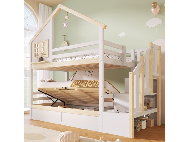  Lit superposé 90x200 cm, lit enfant, rangement hydraulique, bois de pin blanc et naturel, barrière antichute  - Conforama A