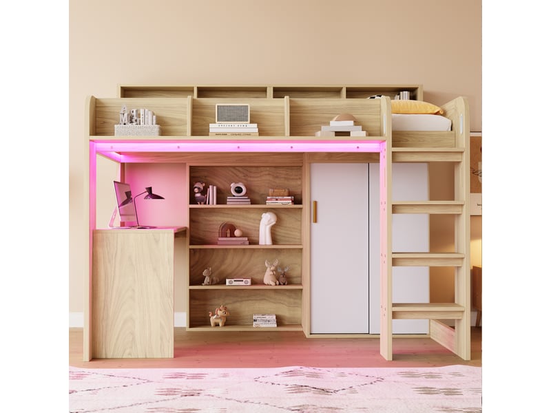  Lit mezzanine enfant 90x200 cm avec bureau, armoire et rangement, lit gain de place avec led et prise intégrée, structure bois avec sommier inclus  - Conforama B