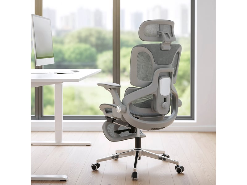  Chaise de bureau ergonomique, chaise d'ordinateur en maille avec dossier indépendant, soutien lombaire, accoudoirs rabattables 4d, grise  - Conforama D