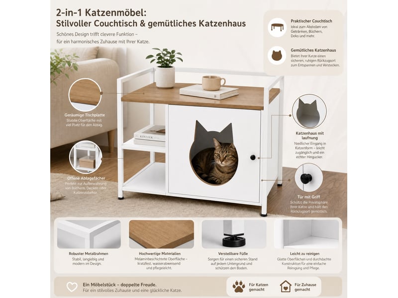  Meuble cache-litière félin avec table d'appoint 76x54x59 cm – blanc et chêne clair – 2 étagères ouvertes  - Conforama E