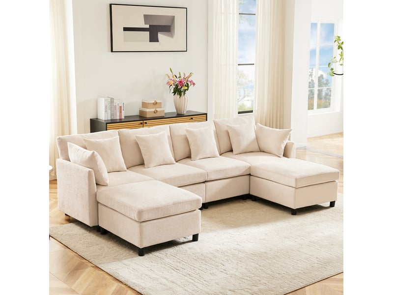 Canapé modulable beige en chenille avec 2 poufs et 6 coussins - Conforama D