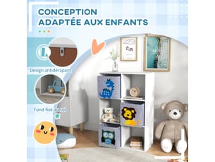Meuble étagère bibliothèque 6 cases 3 cubes paniers en tissu motif animaux pour chambre enfant blanc 62 x 30 x 91,5 cm