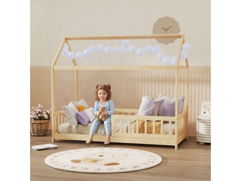  Lit enfant en forme de maison en pin massif, barrières de protection, naturel  - Conforama B
