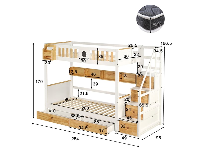 Lit superposé 90x200 cm, lit enfant gain de place avec escalier de rangement et tiroirs, en bois de pin massif et mdf, blanc et naturel - Conforama E