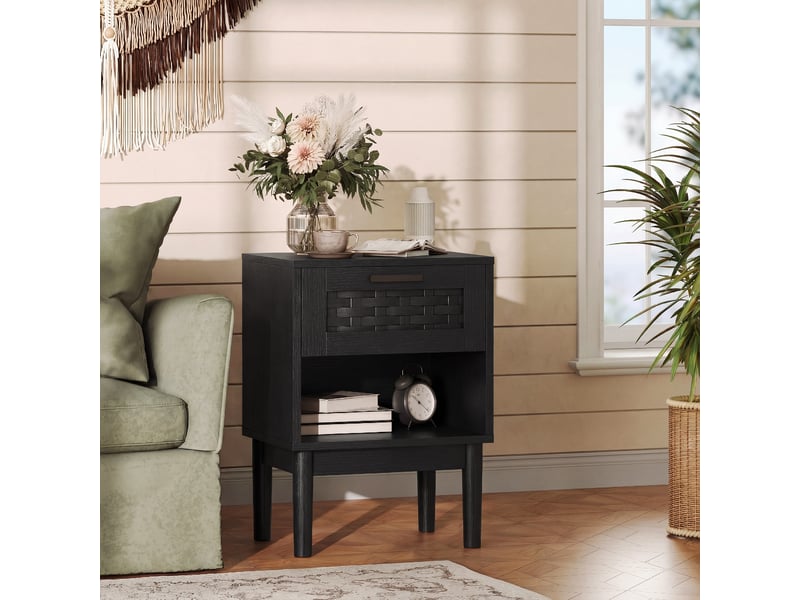  Lot de 2 tables de chevet noires en effet bois et cannage - 40x30x55 cm - 1 tiroir et 1 niche ouverte - style bohème et moderne  - Conforama E