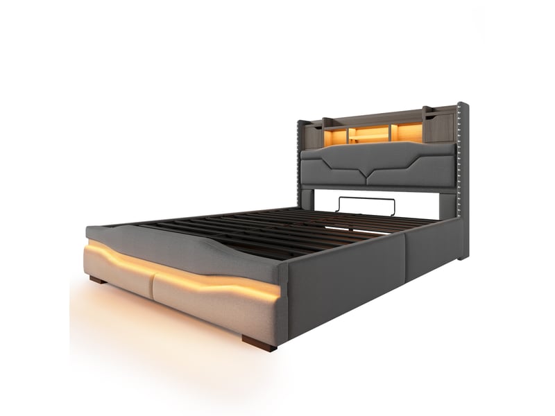  Lit rembourré, 140 x 200 cm, avec prise de chargement usb-c, éclairage d'ambiance sous le lit, tête de lit avec compartiment de rangement, lit coffre hydraulique, sans matelas, avec éclairage led, gris  - Conforama D
