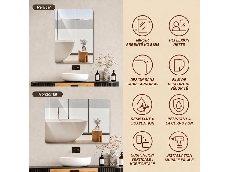  Miroir de salle de bain 50x70 cm sans cadre, angles arrondis, argenté  - Conforama D