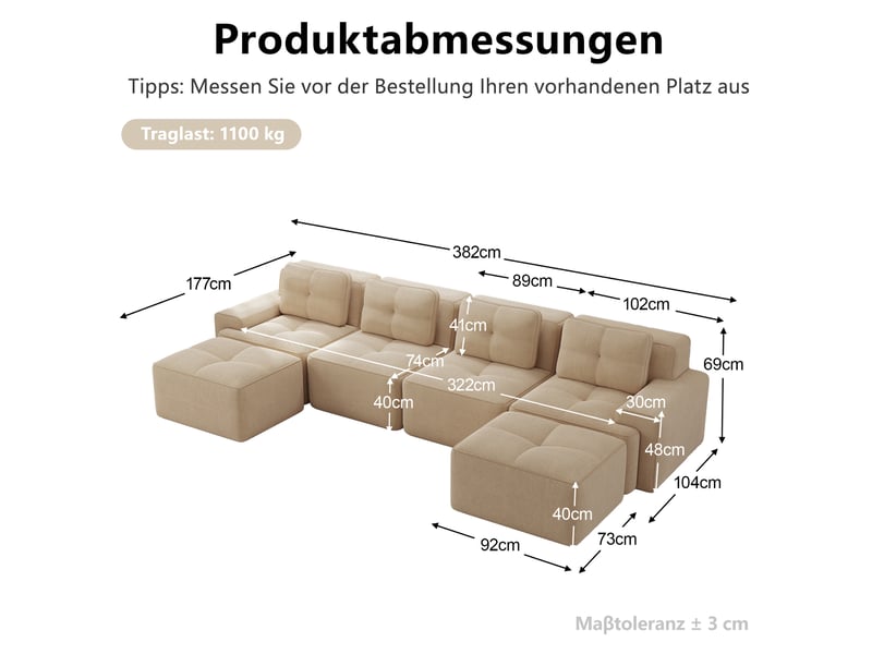 Canapé d’angle modulable en u 382x177x69 cm 4 places, sans montage, assise profonde, en velours côtelé, beige - Conforama C