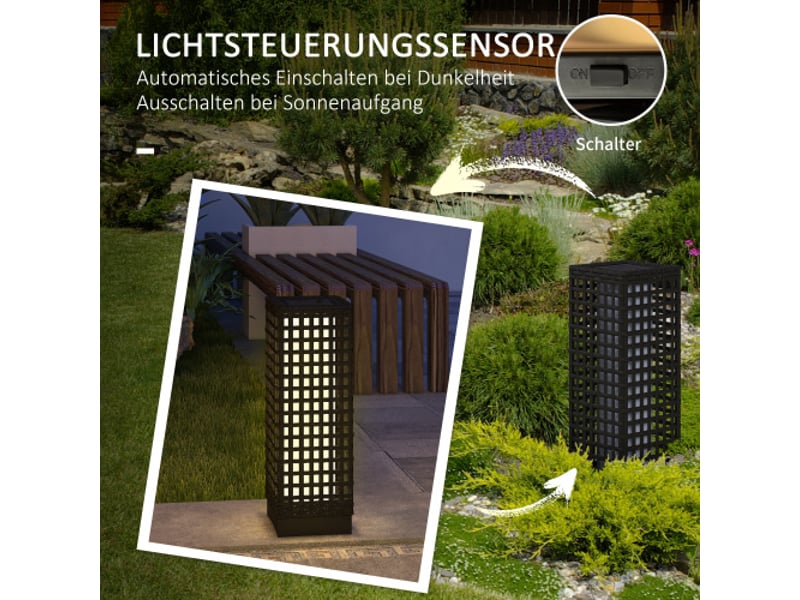  Lampe solaire style rotin, noire, 15,5 x 15,5 x 46 cm, étanche, capteur lumineux led automatique  - Conforama C