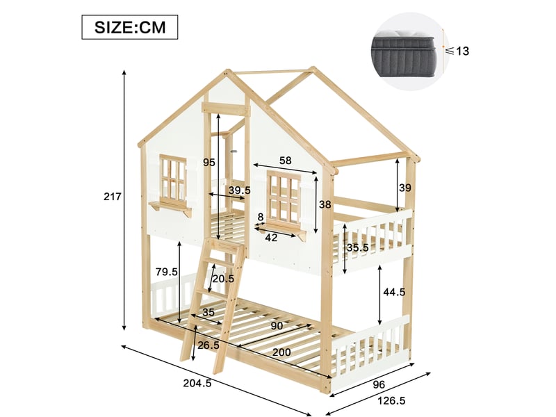  Lit superposé cabane enfant 2 x 90 x 200 cm blanc et naturel Fay Lum - Conforama C