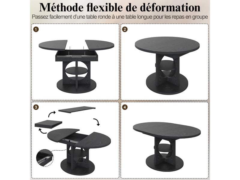  Table de salle à manger extensible,110x110x76 cm,jusqu'à 150 cm avec rangement,mdf,noir effet bois  - Conforama E