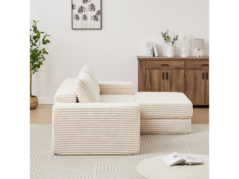Canapé convertible 2-en-1 modulable en velours côtelé, avec 2 coussins, pouf amovible, accoudoirs carrés - beige - Conforama D