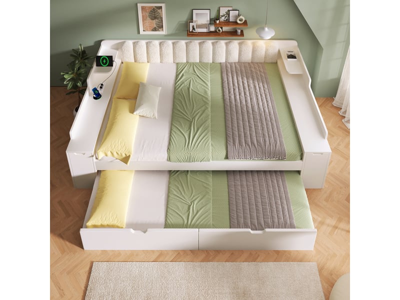  Canapé-lit 140x190cm - avec lit gigogne - avec usbtype-c - compartiment de rangement - dossier polaire sherpa - blanc (matelas non inclus)  - Conforama D