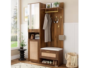 Meuble d'entrée avec miroir, 3 portes, niches led, banc à coussin et 6 patères pour couloir, 110 × 38 × 190 cm