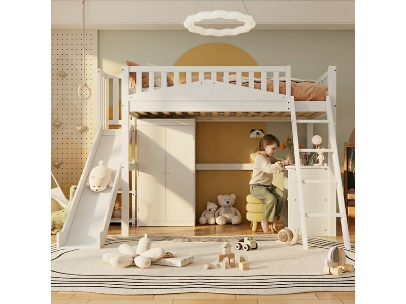  Lit mezzanine 90x200 cm, lit enfant avec barrière de sécurité, pin, lit superposé avec table et armoire et échelle à quatre marches  - Conforama E