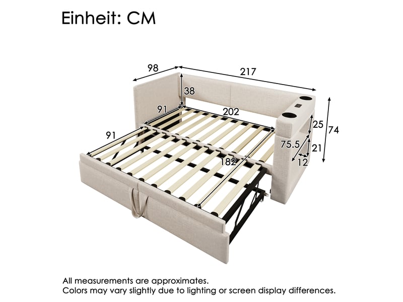  Lit banquette 90x200 beige lit gigogne extensible avec ports usb et porte-gobelets  - Conforama C