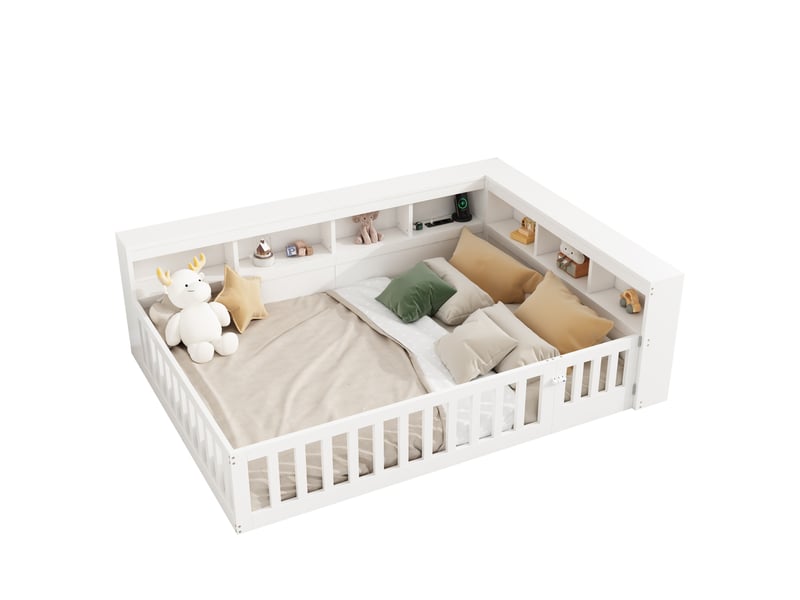  Lit enfant 140x200cm, sommier, garde-corps, tête de lit, port usb, rangement inclus, aggloméré, blanc, sans matelas  - Conforama A