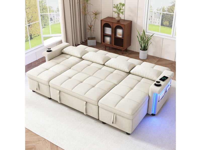  Canapé d'angle en forme de u – avec coffre de rangement – ​​avec éclairage led – avec ports usbtype-c – coussins et poches de rangement latérales inclus – beige  - Conforama R