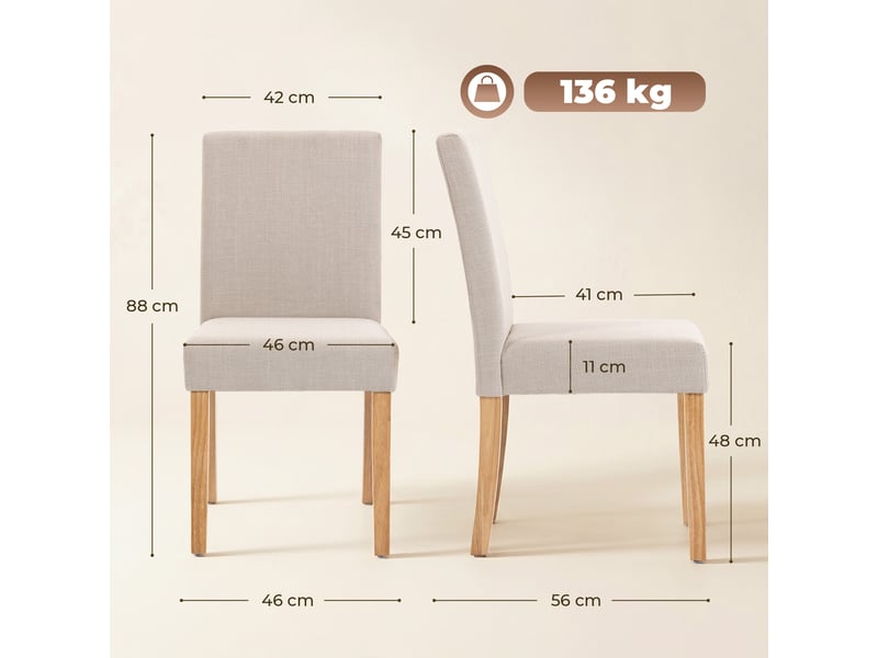  Lot de 2 chaises de salle à manger tissu effet lin et bois d'hévéa blanc crème  - Conforama C