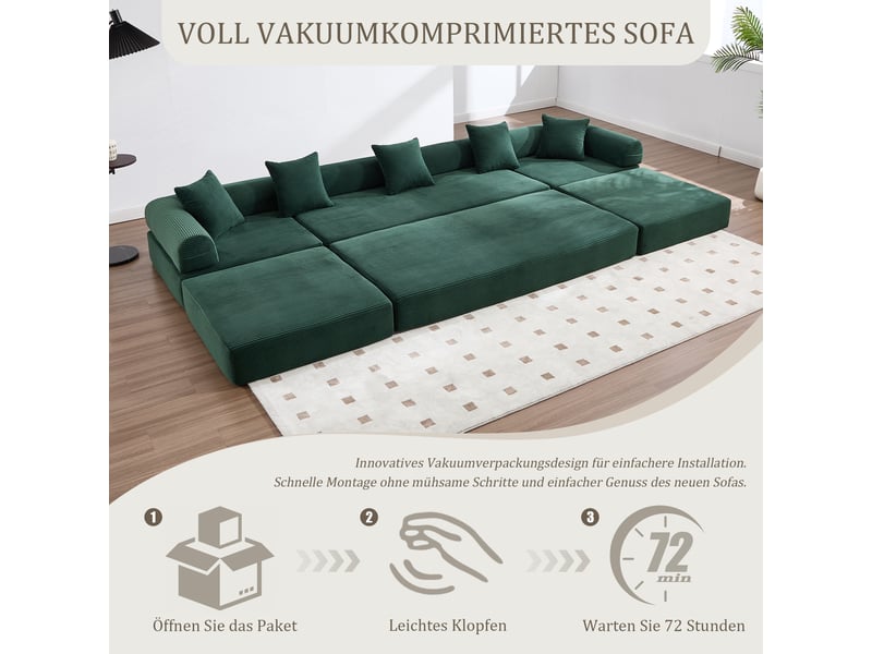  Canapé modulable vert émeraude 4 places, convertible avec modules séparés, rangement latéral et assise en velours côtelé  - Conforama R