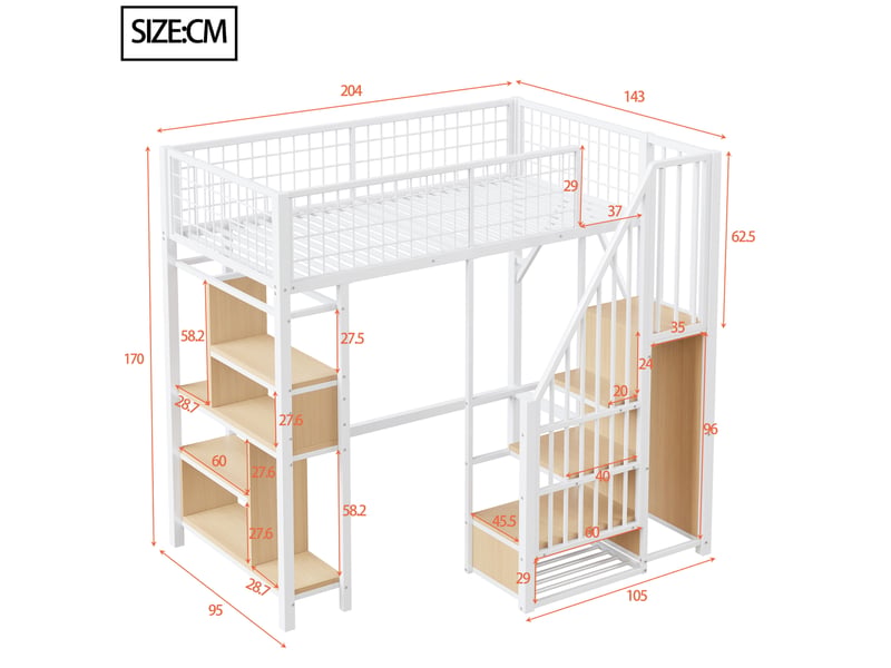 Lit mezzanine 90 x 200 cm en métal avec escalier et rangements intégrés, blanc - Conforama C