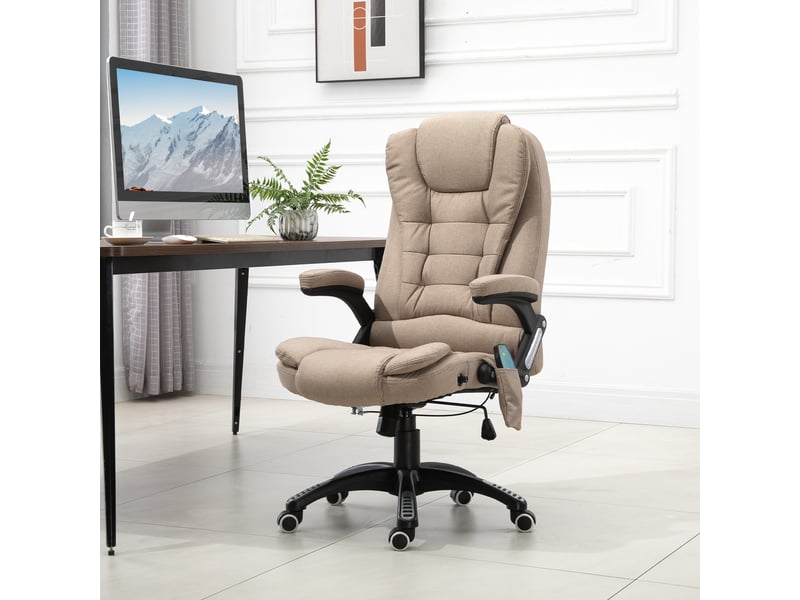  Fauteuil de bureau massant et chauffant, ergonomique, réglable, dossier inclinable, télécommande filaire, pivotant 360°, polyester beige  - Conforama C