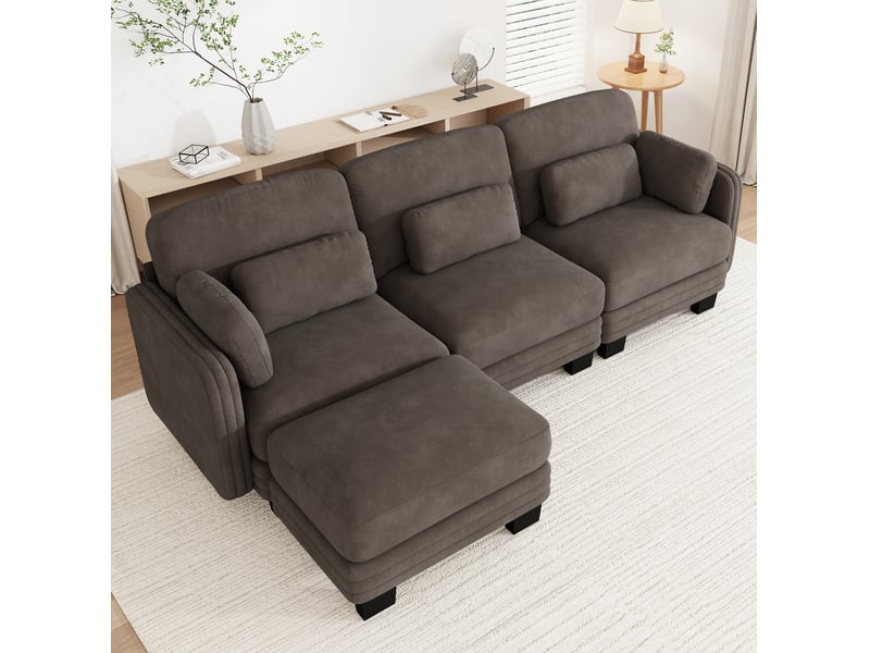  Canapé d’angle modulaire 3 places en chenille marron avec ottomane  - Conforama E