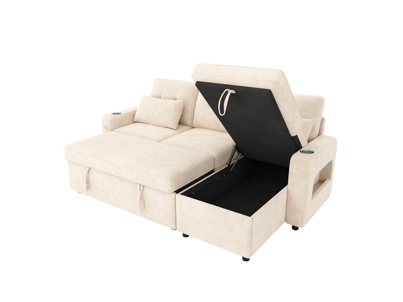 Canapé d'angle convertible 3 places en tissu chenille beige, méridienne réversible, led, usbusb-c, 206×131×85 cm - Conforama A