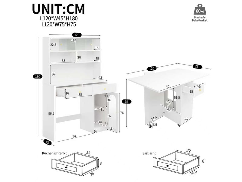 Buffet de cuisine haut avec table rabattable, table mobile sur roulettes, verre ondulé, grand rangement mdf pour cuisine - blanc - Conforama C