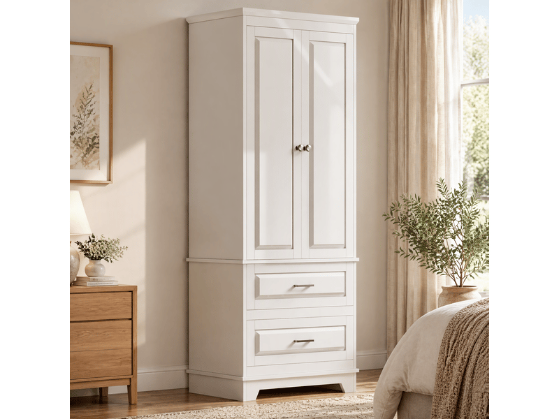  Armoire chambre penderie avec 2 portes 2 tiroirs, armoires de rangement avec  étagère réglable, 60x40x157 cm, blanc  - Conforama B