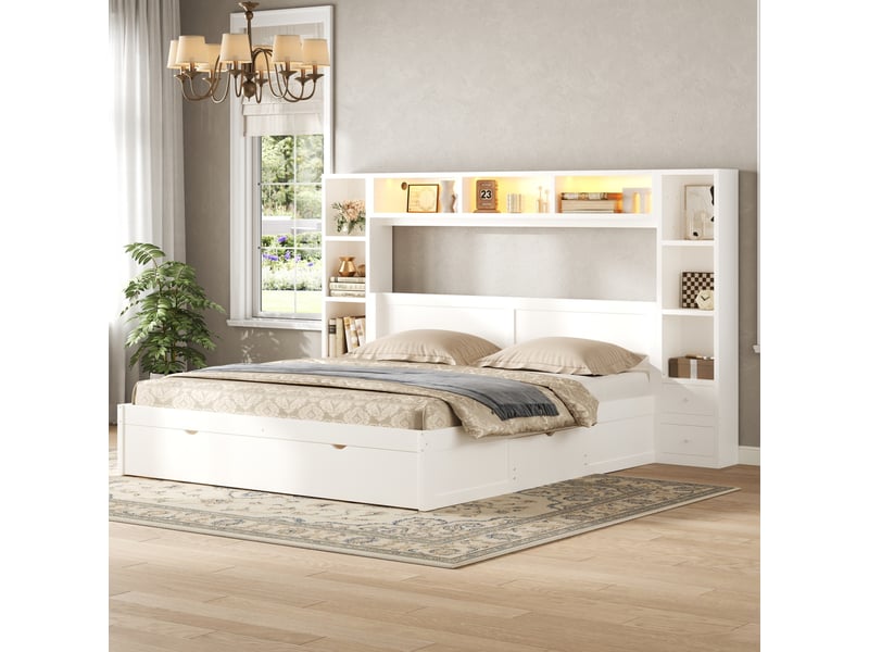  Lit double 140 × 200 cm avec 7 tiroirs, niches de rangement et éclairage led réglable en mdf pour chambre, blanc  - Conforama B