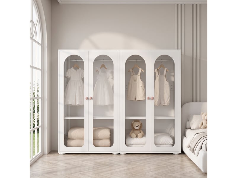  Armoire enfant lot de 2 avec portes cintrées, tringle et étagères réglables pour chambre en mdf blanc 160×50×120 cm  - Conforama C