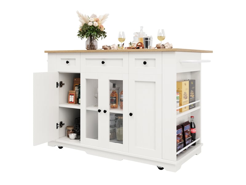  Îlot de cuisine blanc et bois avec plan de travail rabattable, desserte à roulettes avec portes en verre trempé, 151,5 cm  - Conforama R