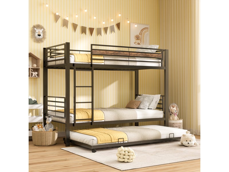  Lit superposé 3 places 90 x 200 cm avec lit gigogne 90 x 190 cm, barrière de sécurité, échelle, conforme en 747, en métal noir finition vintage  - Conforama B